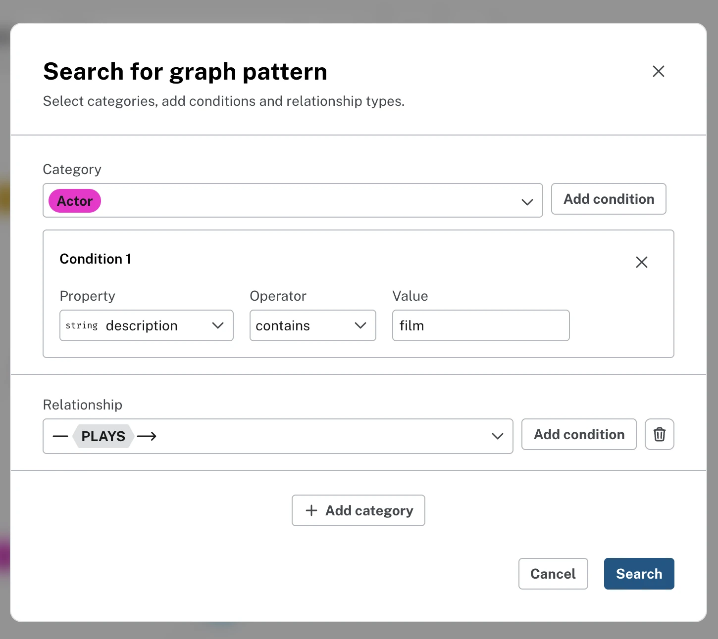 Bloom's Query Builder for graph pattern dialog, building the same film-cast question visually: category Actor, condition description contains film, relationship PLAYS