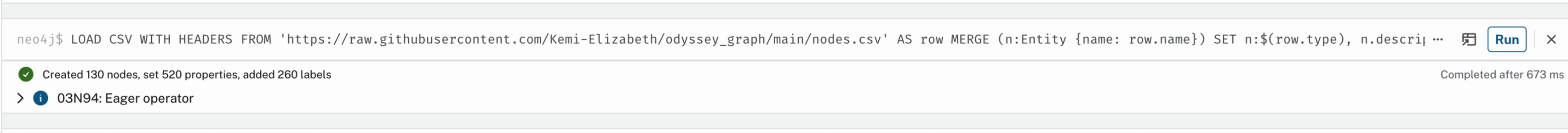 The LOAD CSV query in Aura's Query tab, with its success banner: created 130 nodes, set 520 properties, added 260 labels