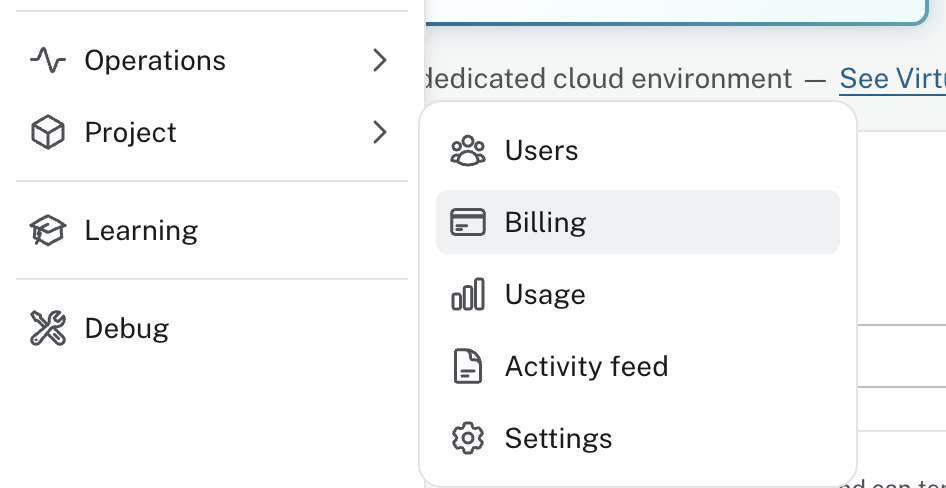 The Project menu with Billing highlighted