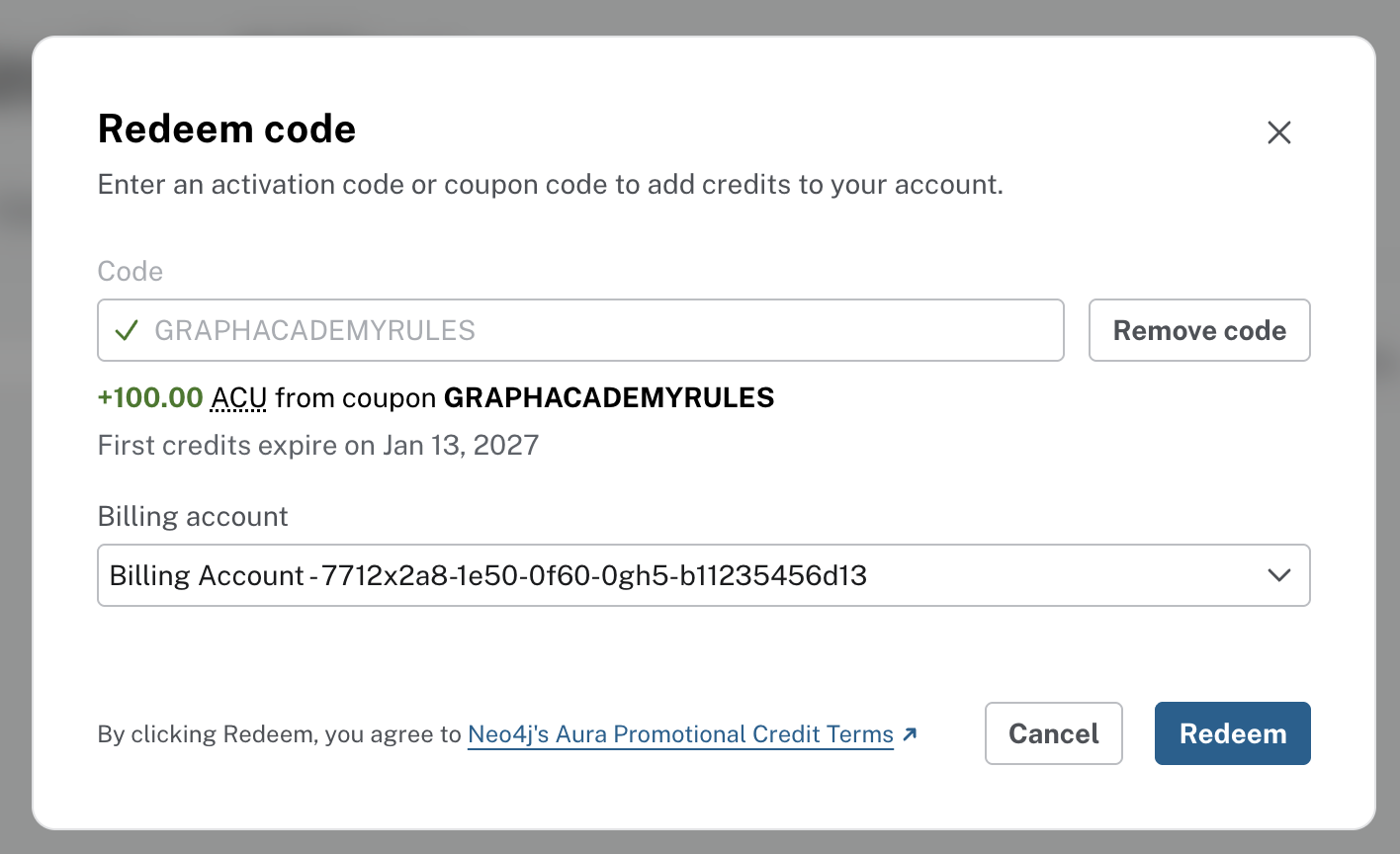 The Redeem code dialog showing the credit amount, expiry date and billing account list