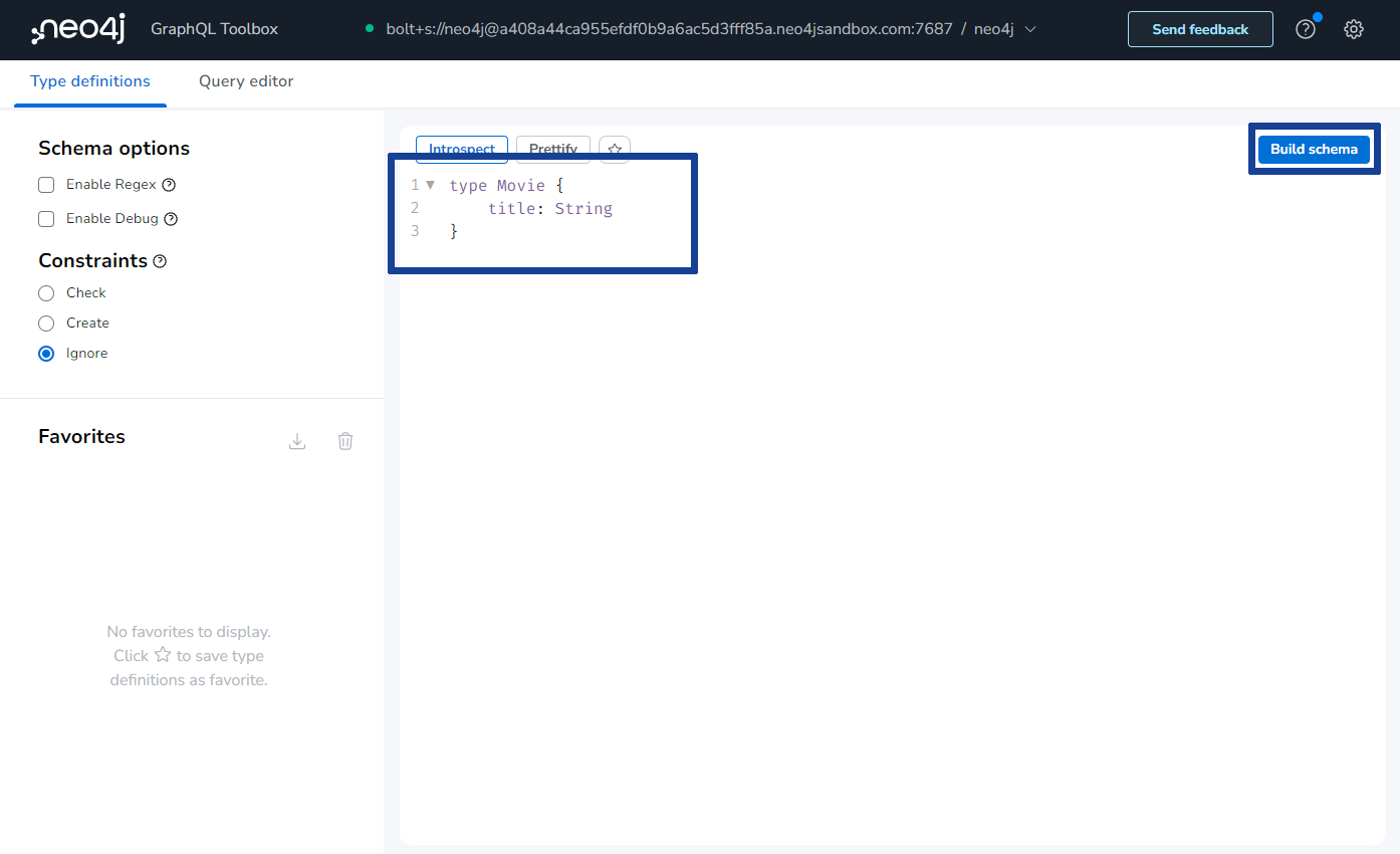 The GraphQL toolbox type definition screen