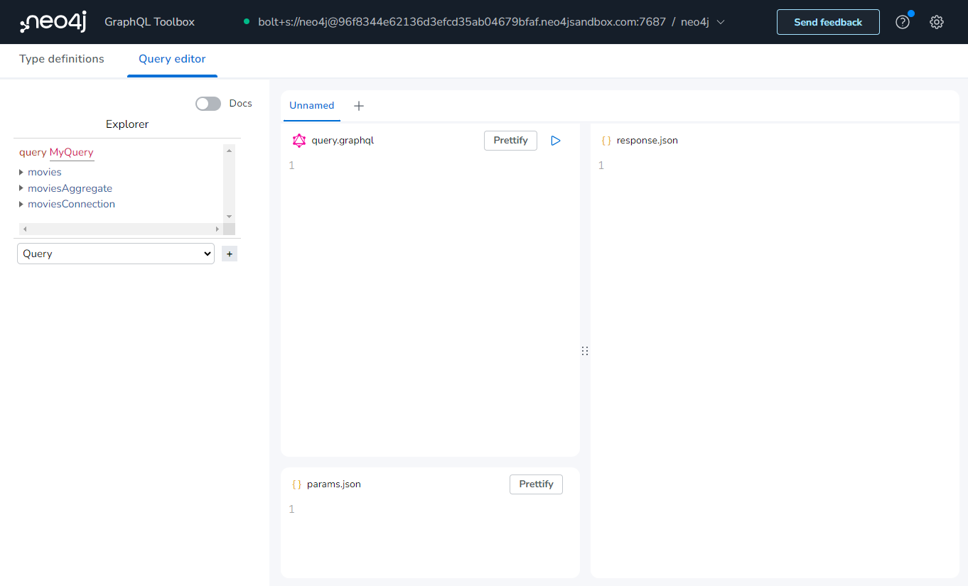 The GraphQL query editor screen