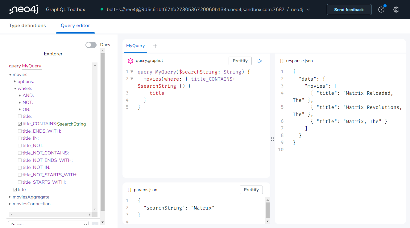 Using GraphQL variables with the Neo4j GraphQL Toolbox