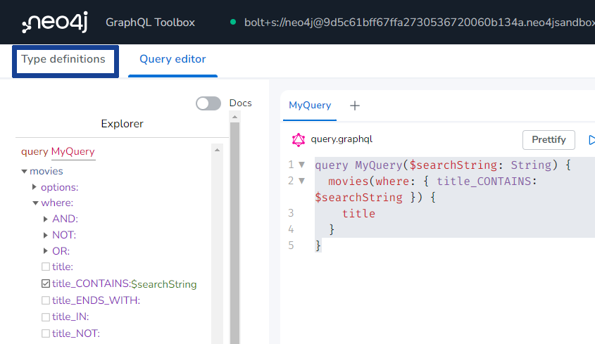 The type definitions editor button