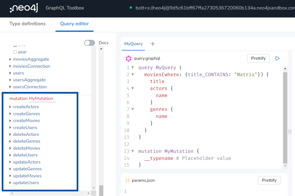 Toolbox explorer with the mutation queries highlighted