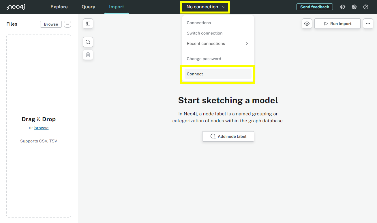 The connect button in the data importer