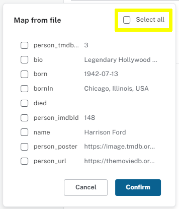 The map from file dialog showing the fields to map