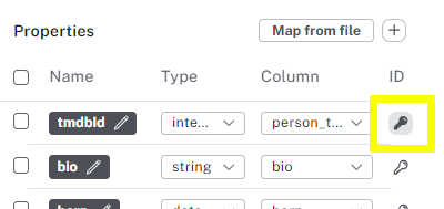 The key icon next to the movieId property in the properties panel