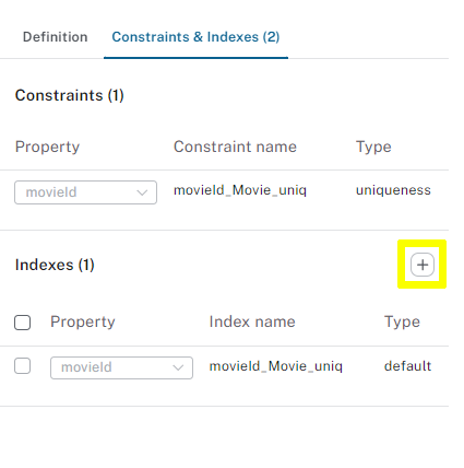 Indexes section with the + button highlighted
