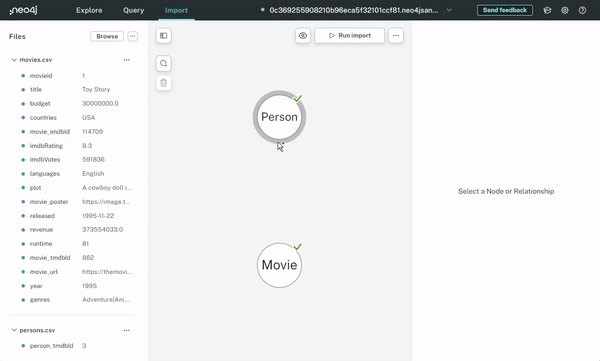 An animation showing creating a relationship between a Person and a Movie node