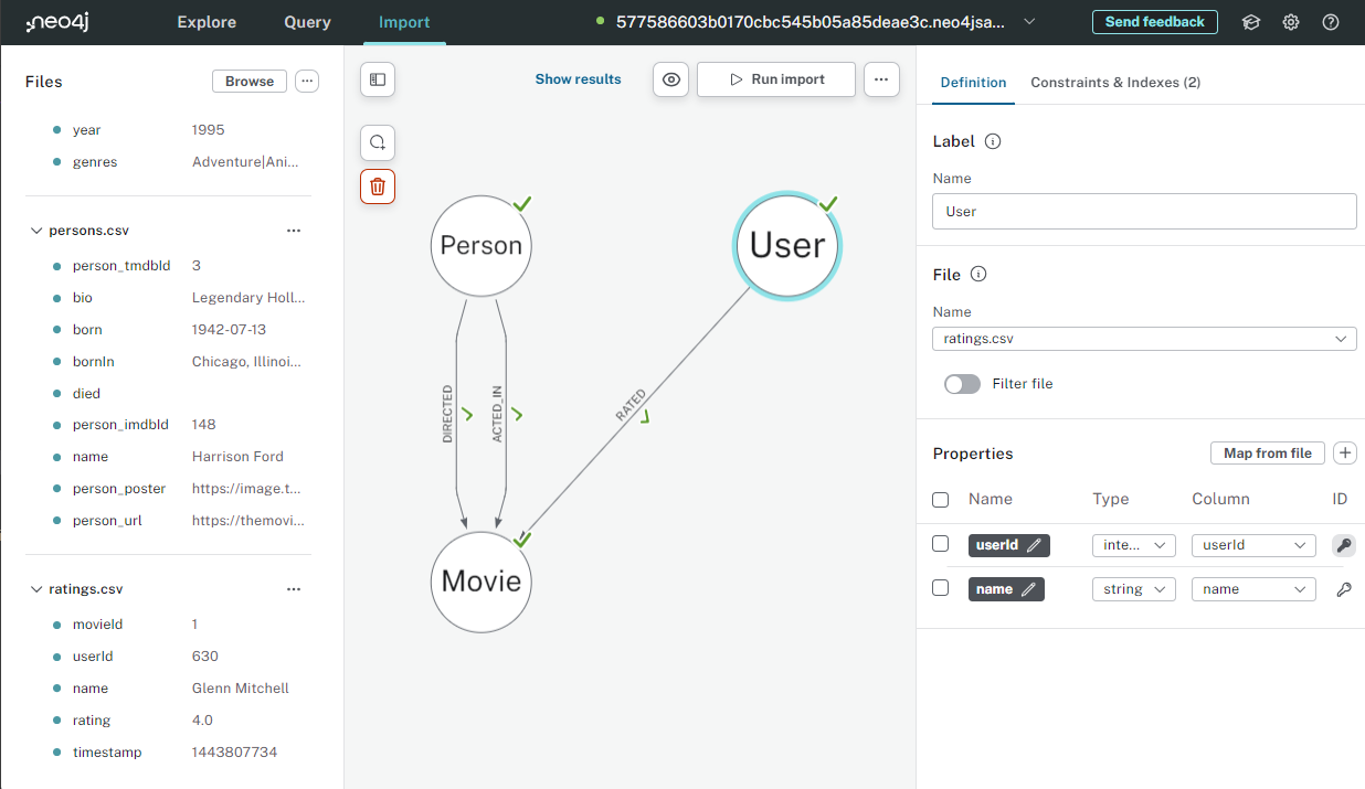 A screenshot of Data Importer showing a model with `User` nodes and `RATED` relationships to `Movie` nodes.