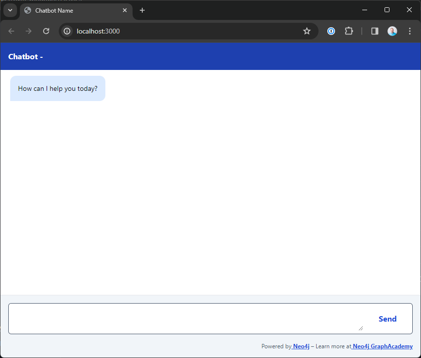 GraphAcademy Chatbot App Interface with an introductory message from the assistant and a box to send a message.