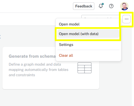 The Open model (with data) option highlighted in the Import tool menu